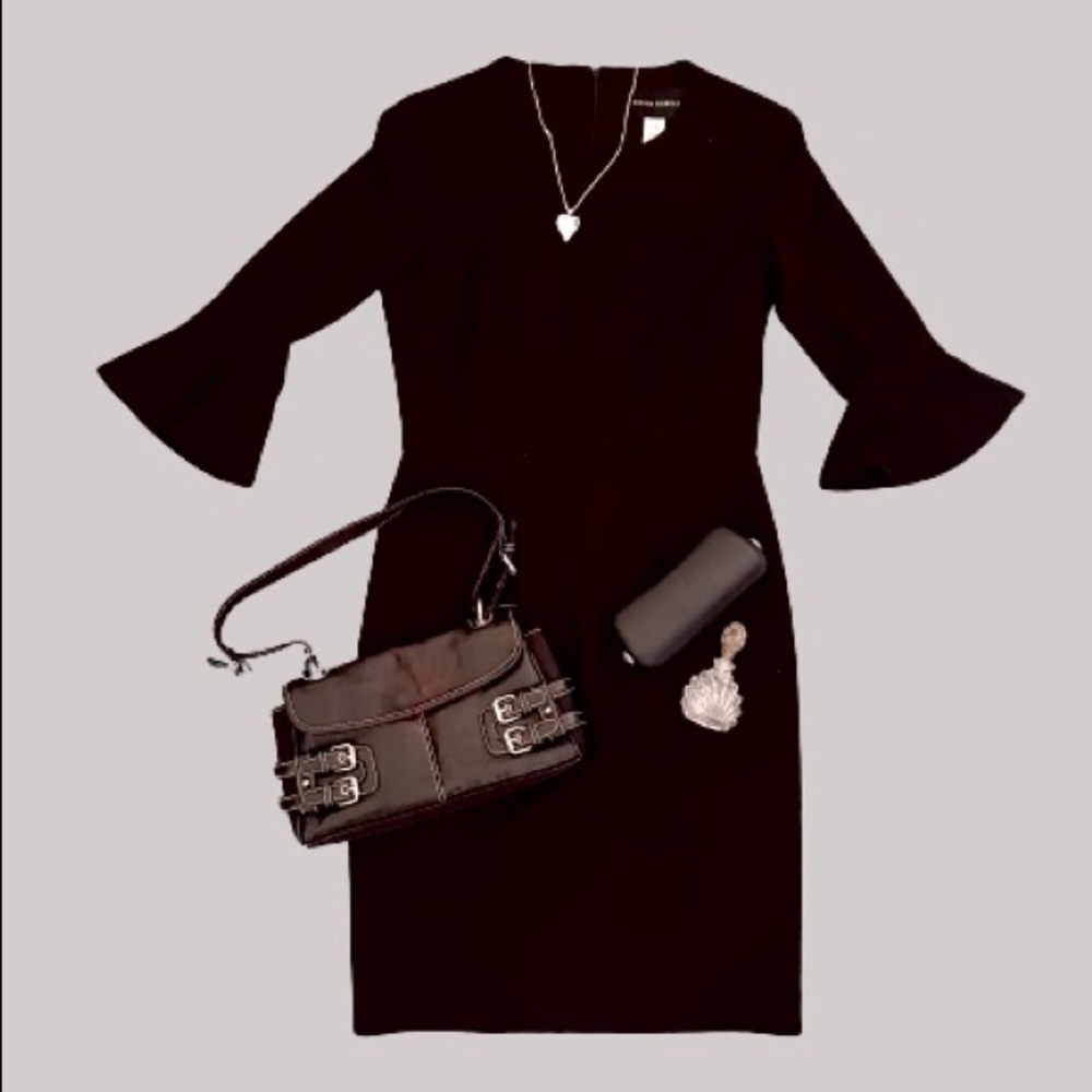 Black midi flare sleeve mid length little black dress high neck zip up